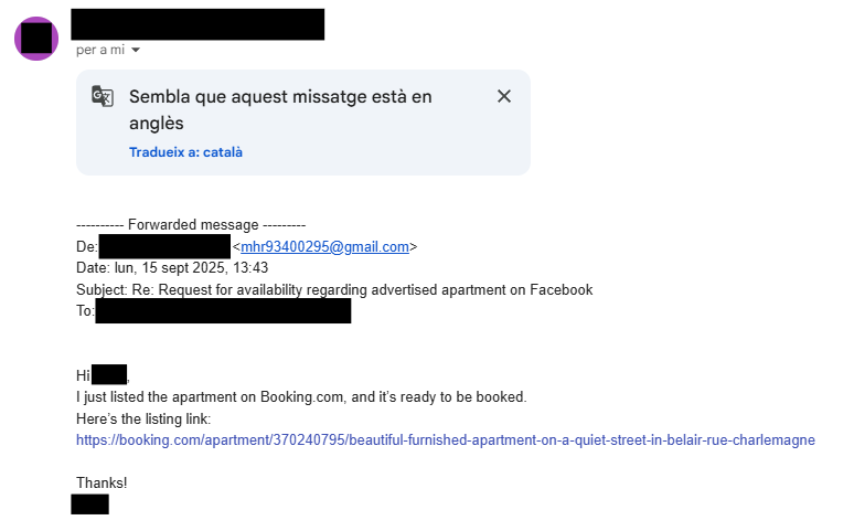 Figure 3: Phishing Email - Broken Booking.com Link Redirect