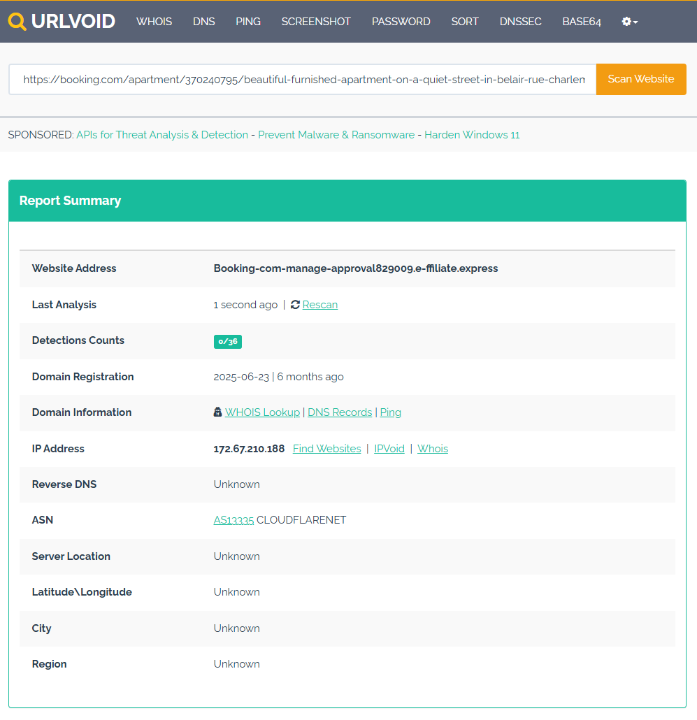 Figure 5: Domain Analysis - e-ffiliate.express WHOIS & Threat Intelligence